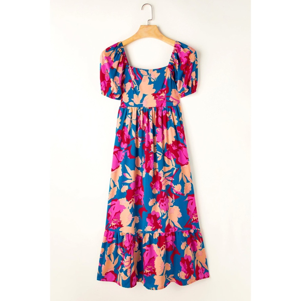 CLEARANCE! Blue Floral Bubble Sleeve Flowy Back Zip Square Neck Midi Dress! - Picture 6 of 11